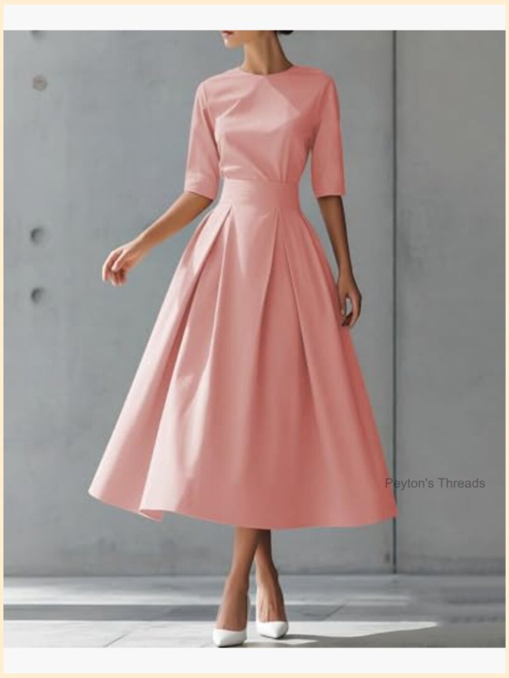 Pleated Cocktail Dress 1950s 3/4 Sleeve Round Neck A-Line Swing Maxi Dress - Picture 6 of 6